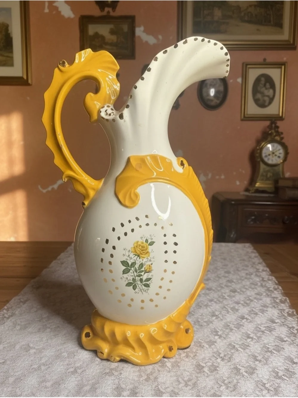 Yellow and White Decorative Floral Ceramic Pitcher - Home Accents